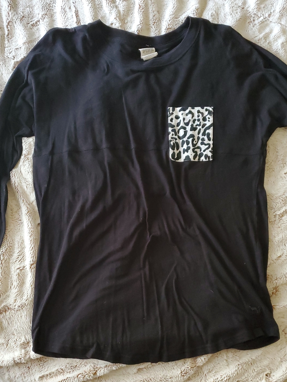 PINK Victoria's Secret Black Long Sleeve Tee with Leopard Pocket